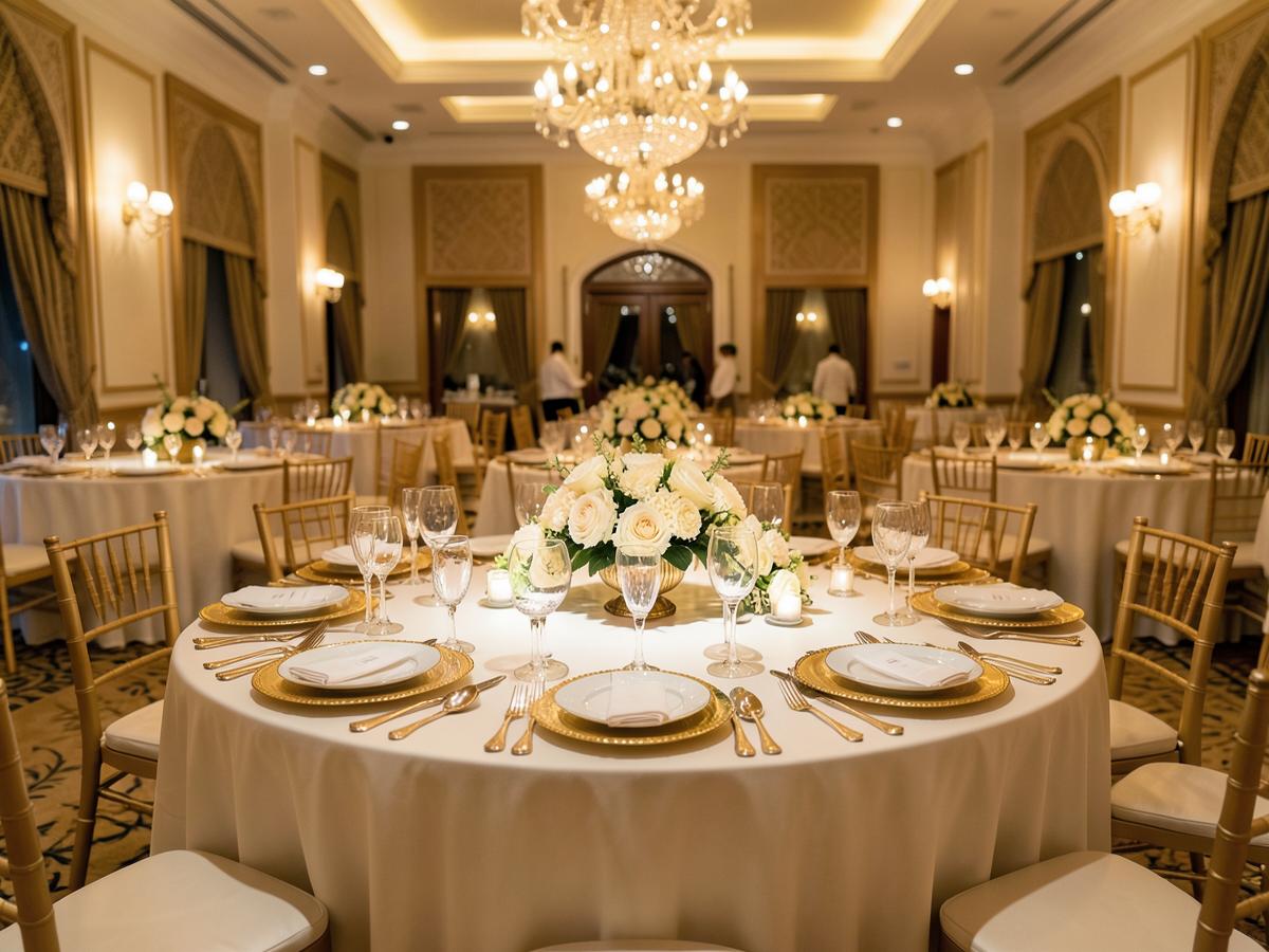 Round banquet dining table rental with ivory linen for events in Saudi Arabia