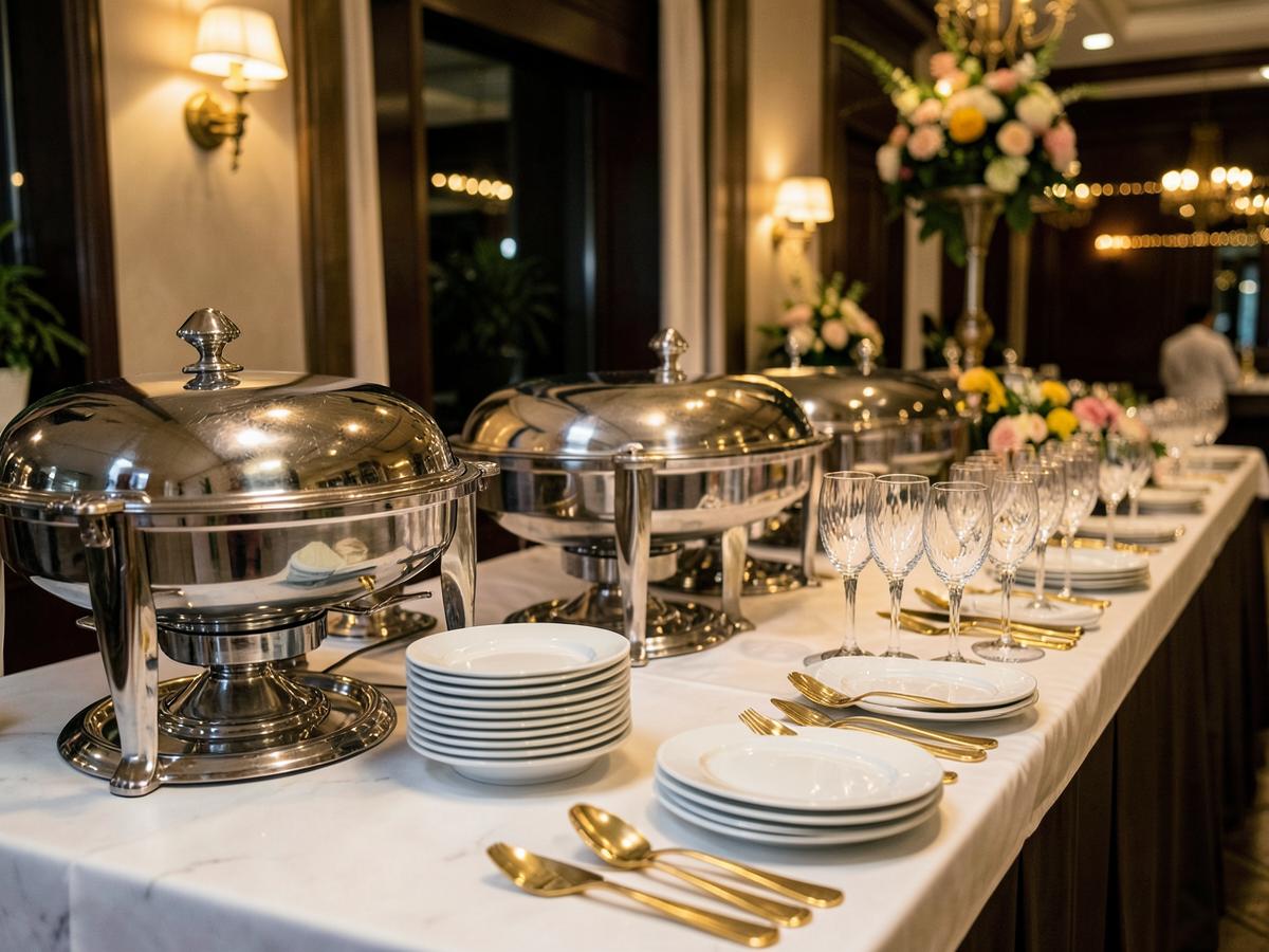 Catering equipment rental with chafing dishes and glassware in Riyadh